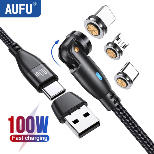 Cable Carga Rápida Magnético AUFU 100W 5A USB (Puntas Tipo C/Micro USB/Lightning?) para Macbook/Samsung/iPhone