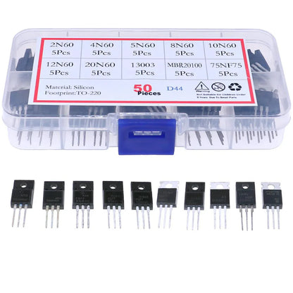 Kit Surtido Transistores/Diodos TO-220 - 10 Tipos (MOSFETs N-Ch, BJT, Schottky) en Caja (Total 50 Piezas)