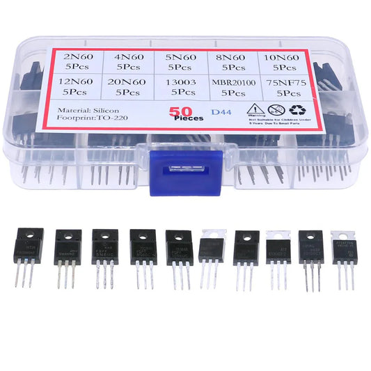 Kit Surtido Transistores/Diodos TO-220 - 10 Tipos (MOSFETs N-Ch, BJT, Schottky) en Caja (Total 50 Piezas)