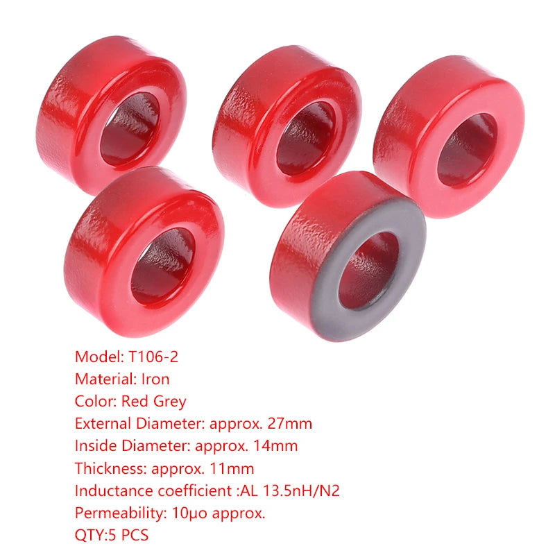Núcleo Ferrita Toroide T106-2 Rojo (Baja Permeabilidad) 27x14x11mm - Lote 5 Piezas