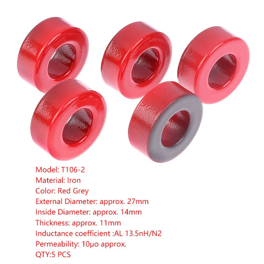 Núcleo Ferrita Toroide T106-2 Rojo (Baja Permeabilidad) 27x14x11mm - Lote 5 Piezas