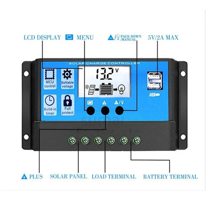 Controlador Carga Solar PWM 30A/50A/60A 12V/24V Auto LCD Dual USB 5V Regulador Panel Batería