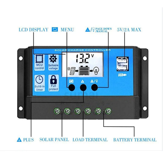 Controlador Carga Solar PWM 30A/50A/60A 12V/24V Auto LCD Dual USB 5V Regulador Panel Batería