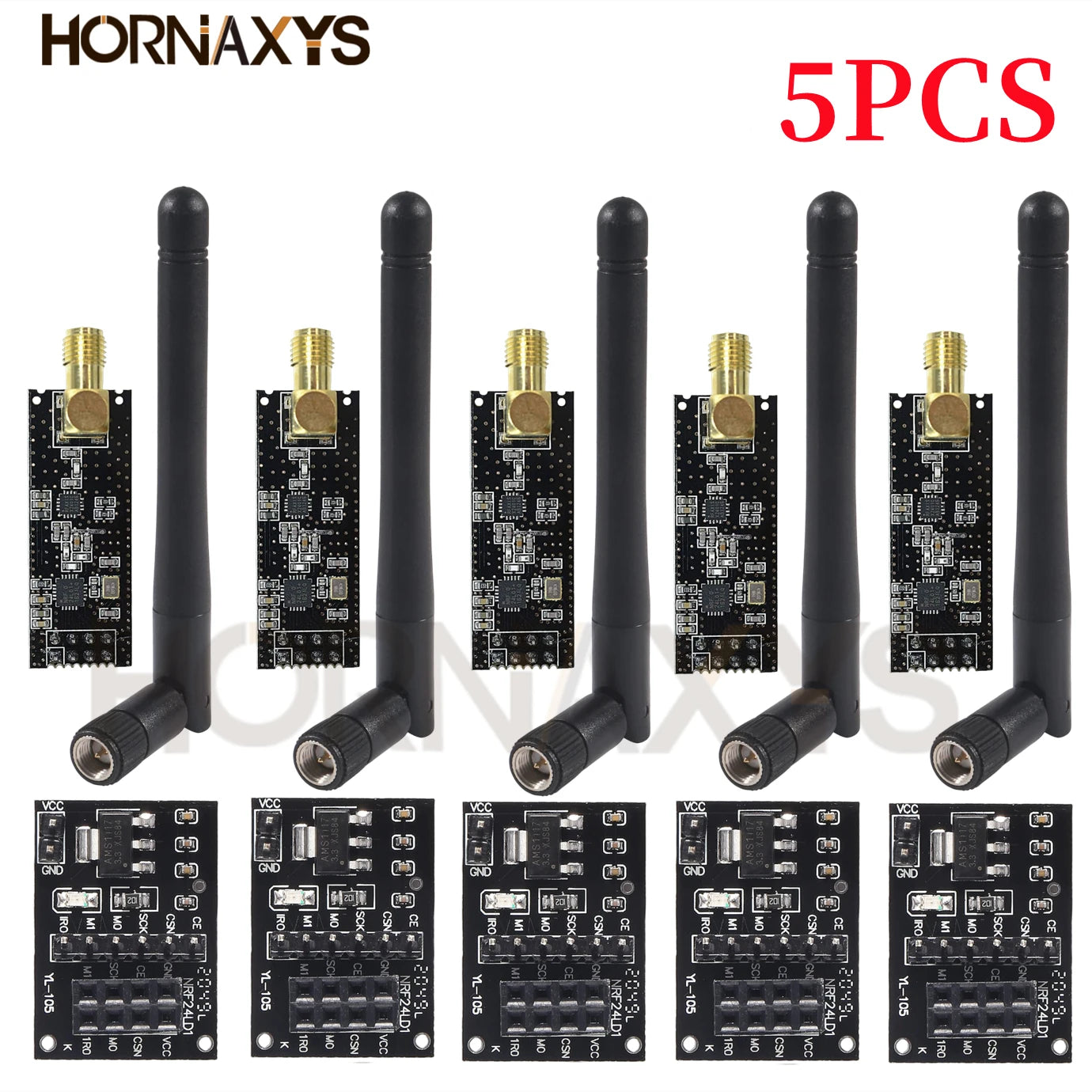 Módulo Transceptor RF Inalámbrico NRF24L01+PA+LNA (2.4G, 1100m) con Antena y Adaptador Breakout 3.3V (5 Unidades)