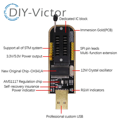 Kit Programador USB CH341A 24/25 Series EEPROM Flash BIOS + Clip Test SOIC8/SOP8 (DIY Kit i21)