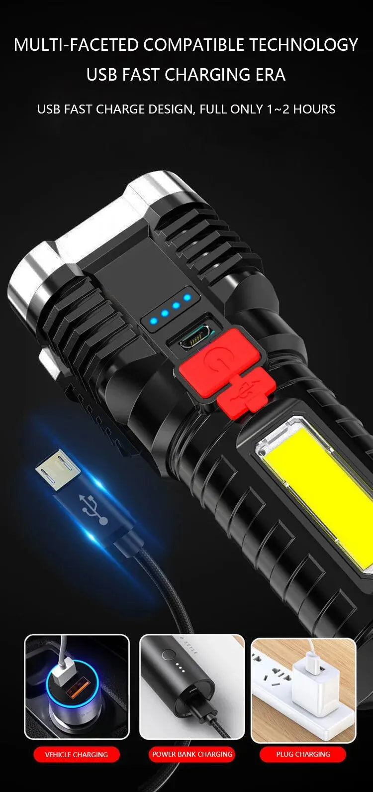 Linterna LED Alta Potencia (5 LEDs) Recargable Foco Camping con Luz Lateral (3 Modos) para Aventura Exterior