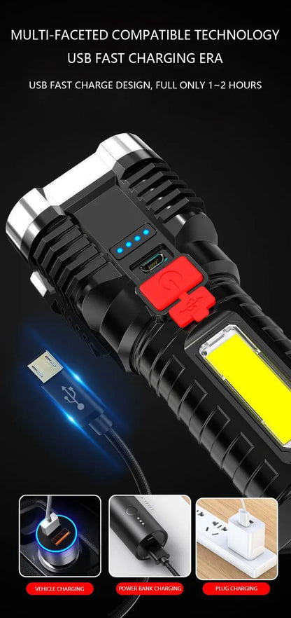 Linterna LED Alta Potencia (5 LEDs) Recargable Foco Camping con Luz Lateral (3 Modos) para Aventura Exterior