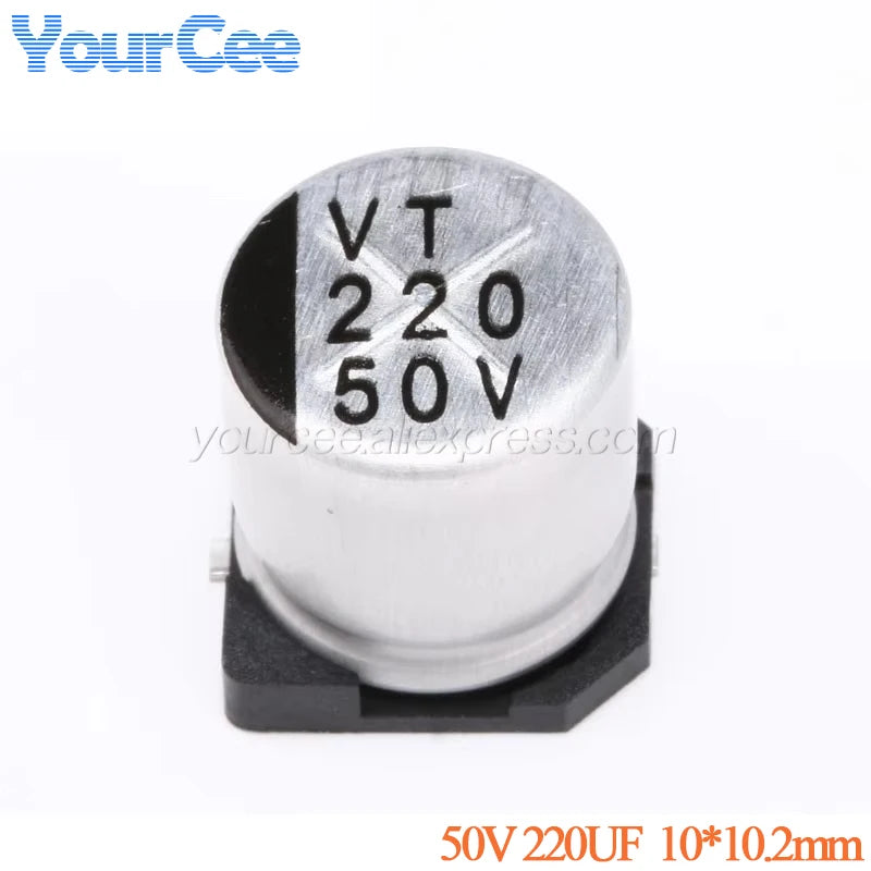 Capacitor Electrolítico Aluminio SMD (220uF, 50V, 10x10.2mm) - Pack 10 Unidades