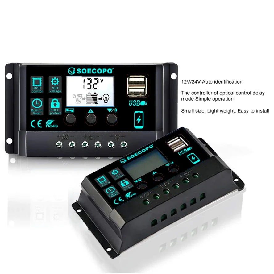 Controlador Carga Solar 100A 12V/24V AutoSwitch LCD Protección Sobrecarga/Cortocircuito para RV/Bote/Off-Grid