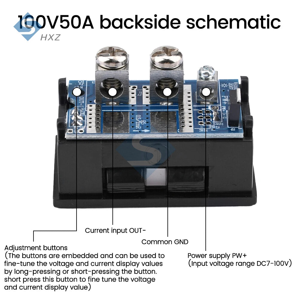 Voltímetro Amperímetro Digital DC (7-100V, 20A/50A Shunt Integrado) - Panel Display LED Dual 0.28"