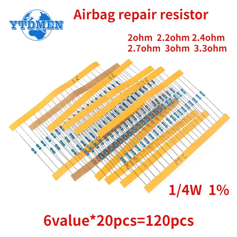 Kit Resistencias Película Metálica 1/4W 1% (2 Ohm - 3.3 Ohm) para Reparación Airbag Auto (120 Unidades)