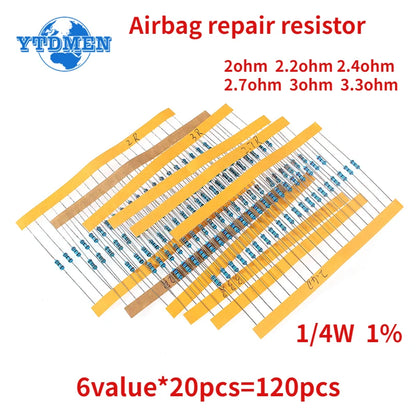 Kit Resistencias Película Metálica 1/4W 1% (2 Ohm - 3.3 Ohm) para Reparación Airbag Auto (120 Unidades)