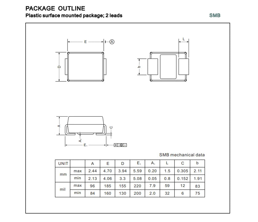 Diodo TVS SMD SMBJ - Varios Voltajes (20A/CA a 75A/CA) SMB/DO-214AA - Lote 100 Piezas