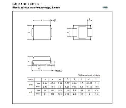 Diodo TVS SMD SMBJ - Varios Voltajes (20A/CA a 75A/CA) SMB/DO-214AA - Lote 100 Piezas
