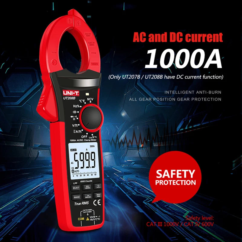 Pinza Amperimétrica Digital UNI-T UT207B/UT208B True RMS AC/DC 1000A 1000V LPF 6000 Cuentas