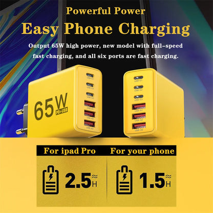 Cargador Pared USB C Múltiple 6 Puertos 65W Carga Rápida Total PD Adaptador Móvil para iPhone 15/16 Pro/Xiaomi/Samsung