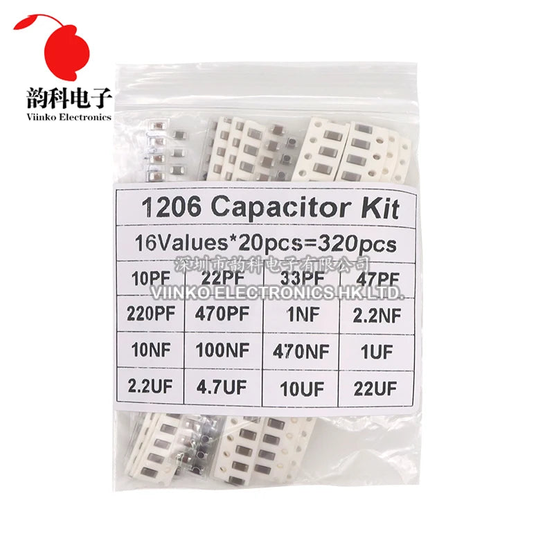Kit Surtido Capacitores SMD (0603/0805/1206, 16/36/50 Valores, 1pF-10uF) Set Capacitancia (320/720 Piezas)