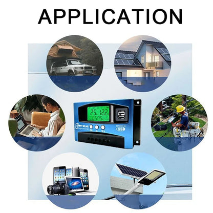 Controlador Carga Solar MPPT 30A-100A 12V-60V Bluetooth LCD Dual USB para Batería Plomo-Ácido/Litio