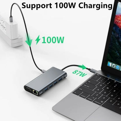 Hub USB-C Docking Station 11-en-1 Tipo-C a HDMI 4K, VGA, RJ45, PD 100W, USB para PC Accesorios Computador