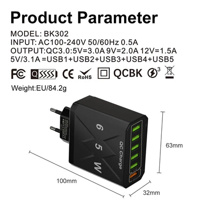 Adaptador Cargador Viaje Rápido USB 3.1A 6 en 1 Multi-Enchufe QC3.0 para iPhone 12/13/Samsung/Xiaomi