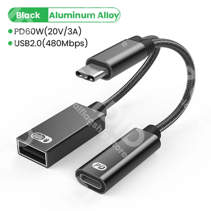 Adaptador Cable Carga USB-C OTG 2-en-1 PD 60W + USB 2.0 Data Converter para iPad Pro/Samsung/Huawei/Xiaomi/Laptop/Tablet