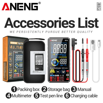 Multímetro Digital Inteligente ANENG AN-615 - Táctil Recargable (6000 Cuentas) Tester Voltaje/Corriente AC/DC