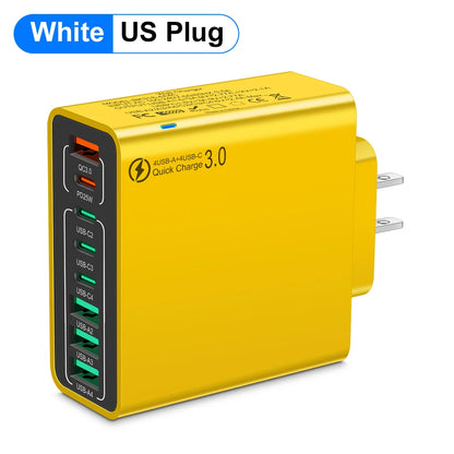 Cargador Pared USB 8 Puertos (Total 65W) Carga Rápida (PD Tipo C, QC 3.0) Adaptador para iPhone 14/15 Pro Max/Xiaomi/Samsung