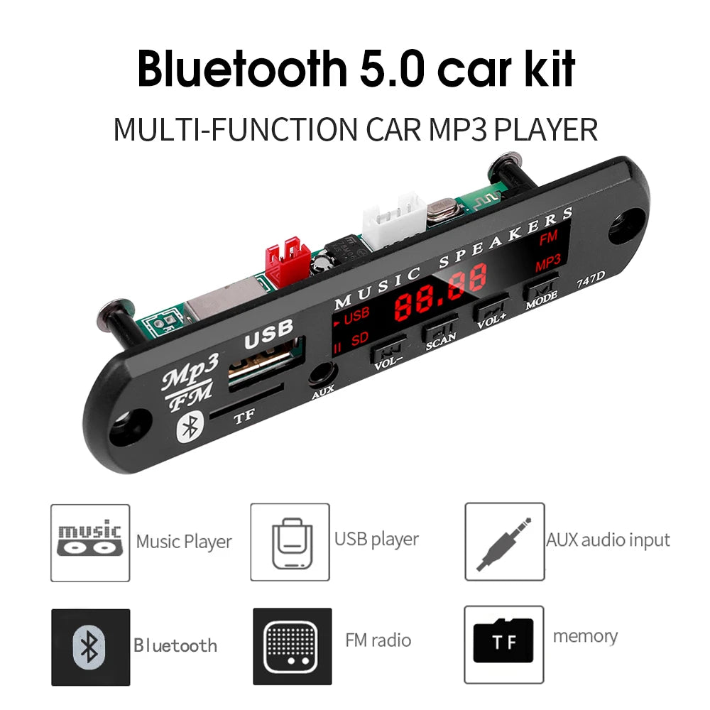 Módulo Decodificador MP3/WMA (9V/12V, Bluetooth 5.0) Reproductor Música Inalámbrico Lossless USB/AUX/TF/Radio FM con Control Remoto (1-5 Unidades)