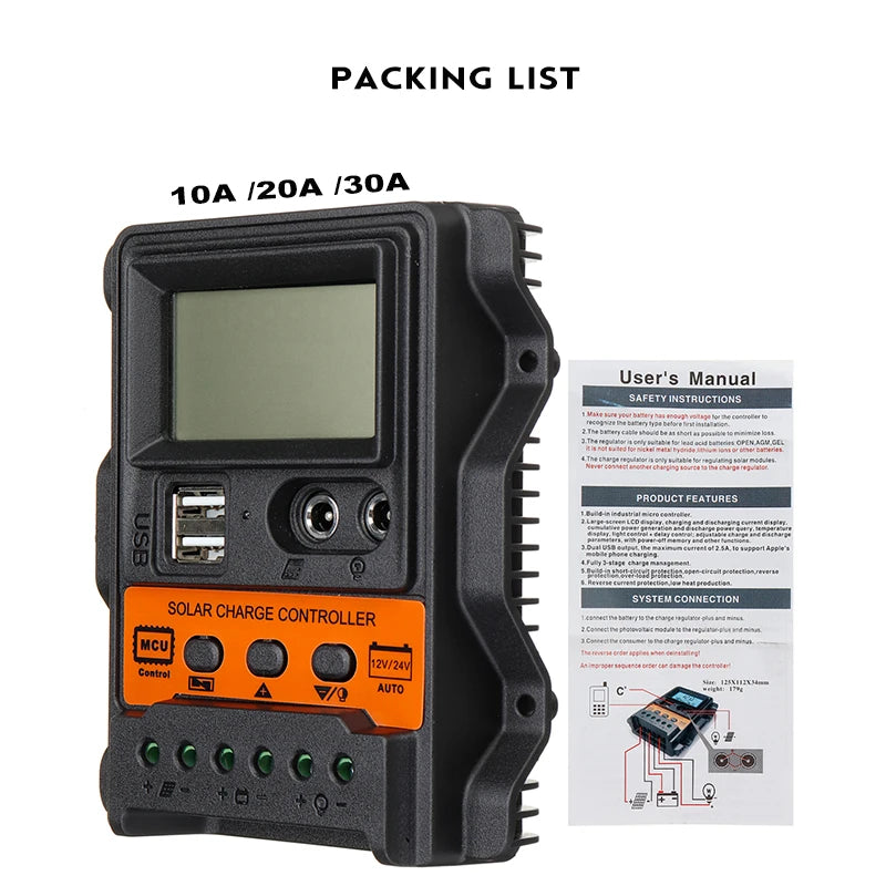 Controlador Carga Solar PWM 10A/20A/30A 12V/24V LCD Dual USB 5V Regulador Panel