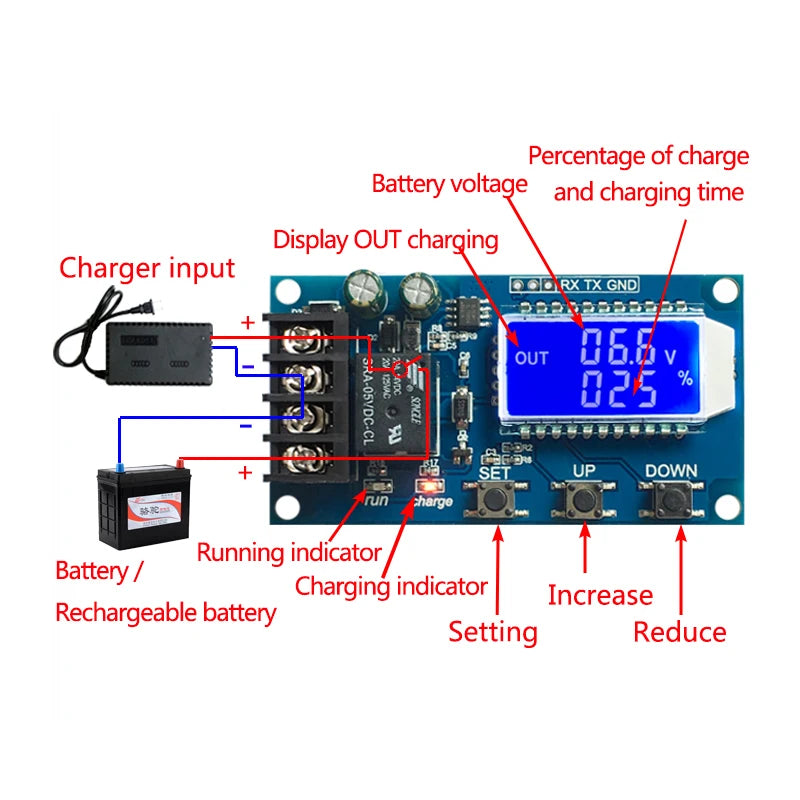 Módulo Control Carga Batería Litio XY-L10A 6-60V 10A Switch Protección Sobrecarga