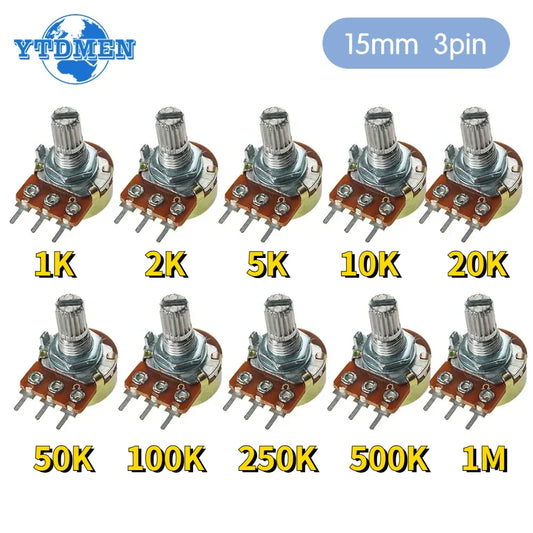 10pcs/lot WH148 Linear Potentiometer 15mm 3pin with Nuts and Washers WH148 B1K B2K B5K B10K B20K B50K B100K B250K B500K B1M