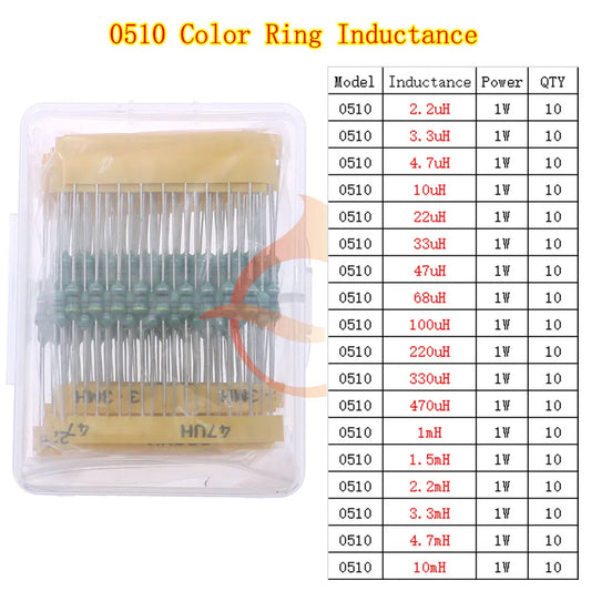 Kit Surtido Inductores Axiales Código Colores 1W 0510 - 18 Valores (2.2uH a 10mH) (Total 180 Piezas)