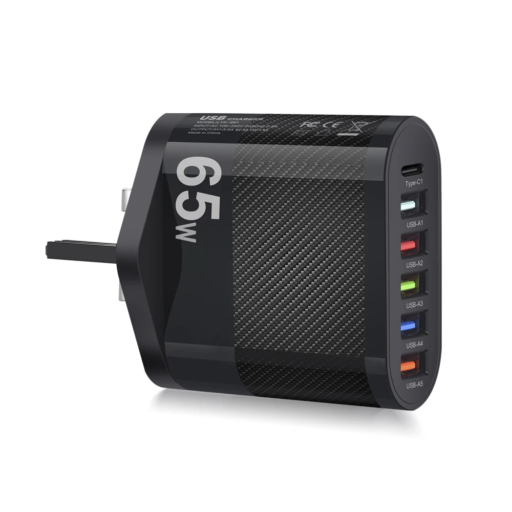 Cargador Pared USB Múltiple 6 Puertos 65W Carga Rápida Alta Velocidad (PD, QC 3.0) Adaptador Móvil para Huawei Mate 60/Xiaomi 13