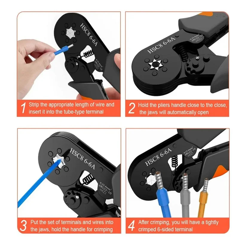 Kit Herramienta Crimpado Terminales Ferrules Hexagonal Autoajustable (23-10AWG, 0.25-6mm²) con 400-2000 Terminales Cable