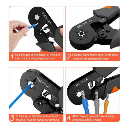 Kit Herramienta Crimpado Terminales Ferrules Hexagonal Autoajustable (23-10AWG, 0.25-6mm²) con 400-2000 Terminales Cable