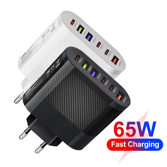Cargador Pared USB C Múltiple 6 Puertos 65W Carga Rápida PD Adaptador Móvil para iPhone 14/15 Pro/Xiaomi/Samsung/Oneplus