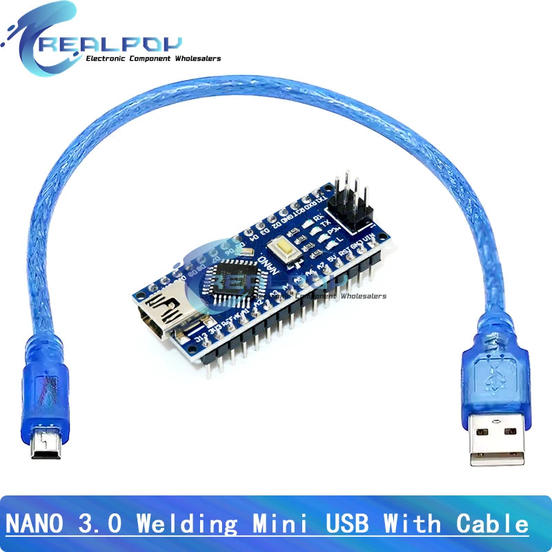 Placa Nano 3.0 (ATMEGA328P, 16MHz, CH340) con Bootloader (Puerto Mini/Tipo C/Micro USB) + Cable USB compatible Arduino
