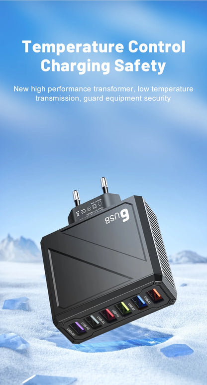 Cargador Pared USB 6 Puertos 3.1A Carga Rápida Adaptador Móvil para iPhone/Samsung/Xiaomi/Huawei