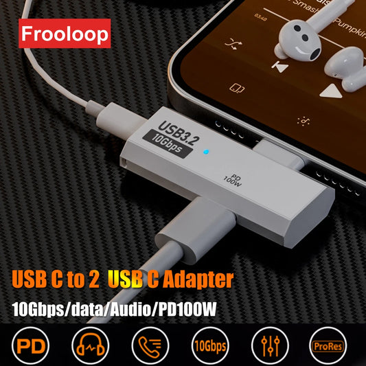 Adaptador Dual USB-C PD 100W + Audio Aux/Audífono + USB 3.2 10Gbps OTG para Mac/iPhone 15/16/Samsung S23U/S24U