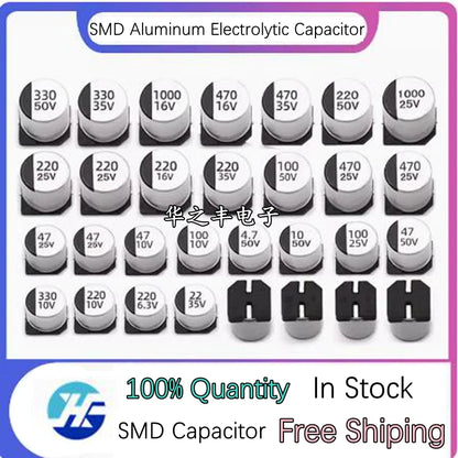 Capacitor Electrolítico Aluminio SMD (1uF-1000uF, 6.3V-50V) - Pack 10 Unidades (Valores Surtidos)
