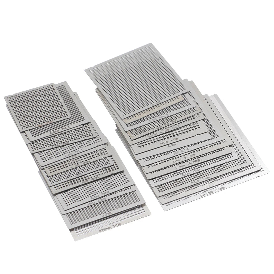 Set Plantillas Stencils BGA Universales (Calor Directo) para Reballing SMT/SMD (10/16/27 Piezas)
