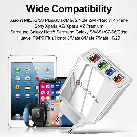 Cargador Pared USB 4 Puertos Quick Charge 3.0 Carga Rápida para iPhone 15/14/Samsung/Xiaomi (Enchufe EU/US)