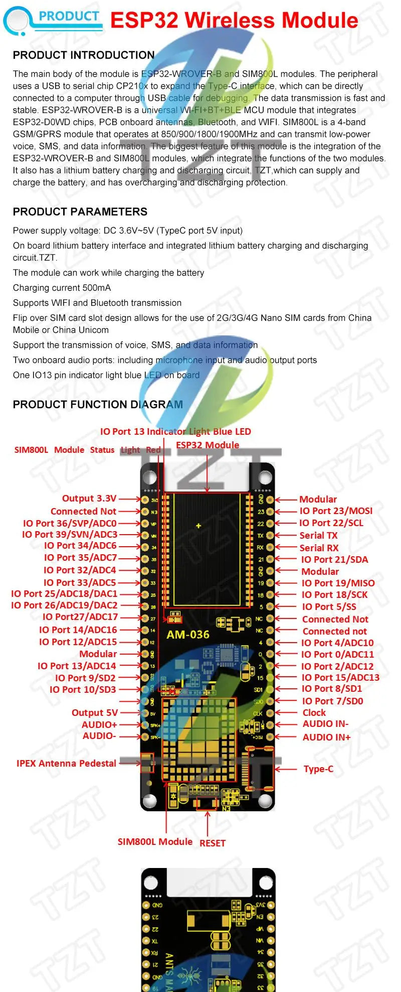 Módulo Inalámbrico TTGO T-Call V1.3 ESP32 con Módulo SIM800L, Ranura SIM y Antena GSM/GPRS para Arduino