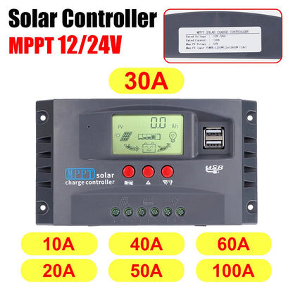 Controlador Carga Solar PWM 30A/60A/100A Auto Dual USB LCD Display 5V Regulador Batería Panel