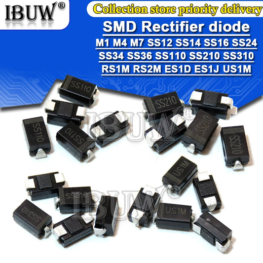 Diodo Rectificador Schottky SMD DO-214AC - Varios Tipos (M1-M7, SS12-SS36, US1M, RS2M, ES1D) - Lote 100 Piezas