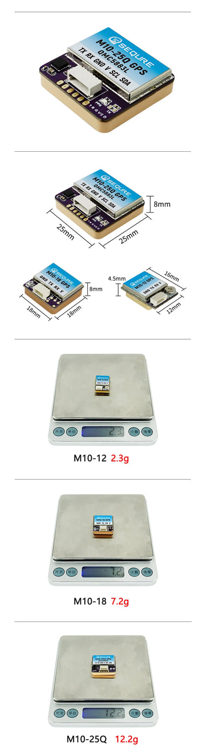 Módulo GPS SEQURE M10-12 / M10-18 / M10-25Q (Pequeño, Rápido) con Compás QMC5883L para Drones FPV Ala Fija/Carreras (INAV/BF)