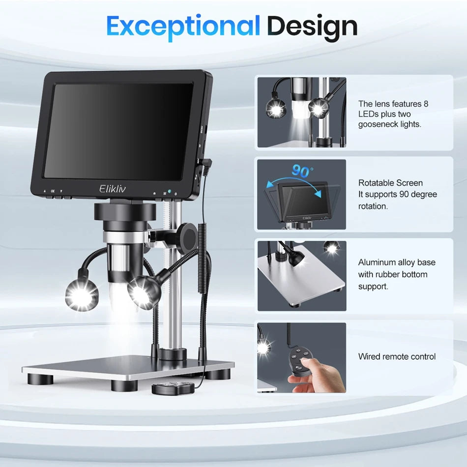 Elikliv EDM9 Pro 1200X HDMI Digital Microscope with 7'' IPS Screen 16MP Coin Soldering Electronic Microscope 32G for Windows Mac