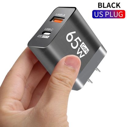 Cargador Pared USB PD GaN 65W Doble Puerto (Tipo C + USB QC3.0) Adaptador Carga Rápida Móvil para iPhone/Samsung/Xiaomi