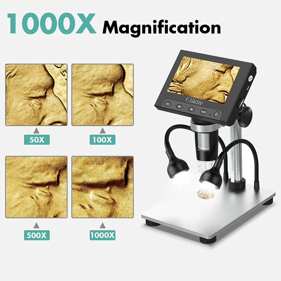 Elikliv DM4S 4.3 Inch LCD Digital Microscope 1000X LED 1080P Video Camera Microscope For Electronics Soldering Phone Repair Coin