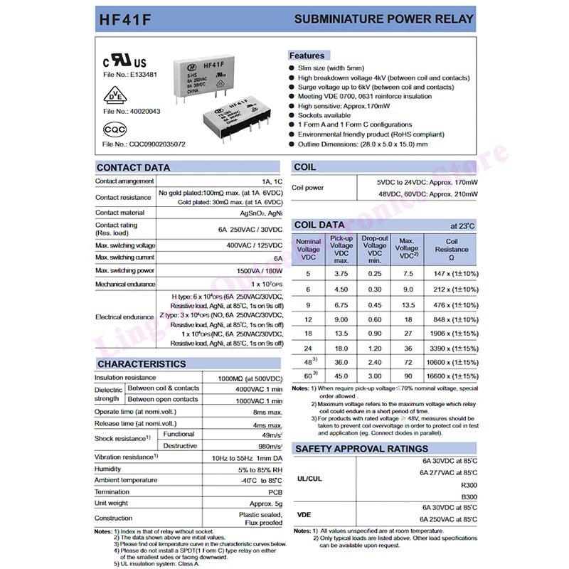 Relé Potencia HF41F-ZS/ZST/HS/HST 5-Pin 6A - Voltajes (5V/12V/24V DC) - Lote 5 Piezas